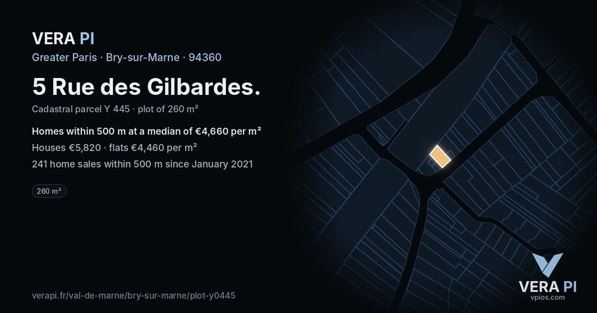 5 Rue des Gilbardes, Bry-sur-Marne at night – the plot lit, the parcels around coloured by the prices near them