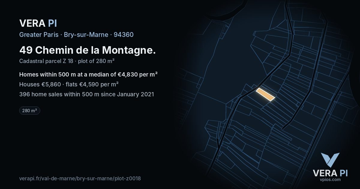 49 Chemin de la Montagne, Bry-sur-Marne at night – the plot lit, the parcels around coloured by the prices near them