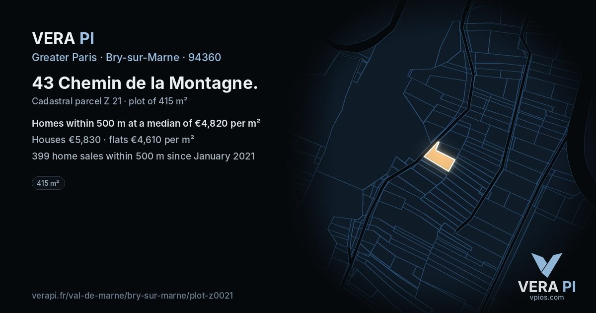 43 Chemin de la Montagne, Bry-sur-Marne at night – the plot lit, the parcels around coloured by the prices near them