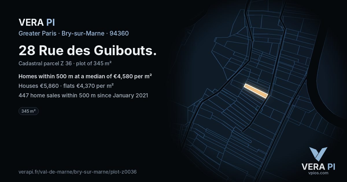 28 Rue des Guibouts, Bry-sur-Marne at night – the plot lit, the parcels around coloured by the prices near them