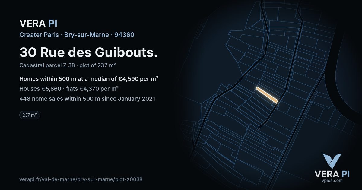 30 Rue des Guibouts, Bry-sur-Marne at night – the plot lit, the parcels around coloured by the prices near them