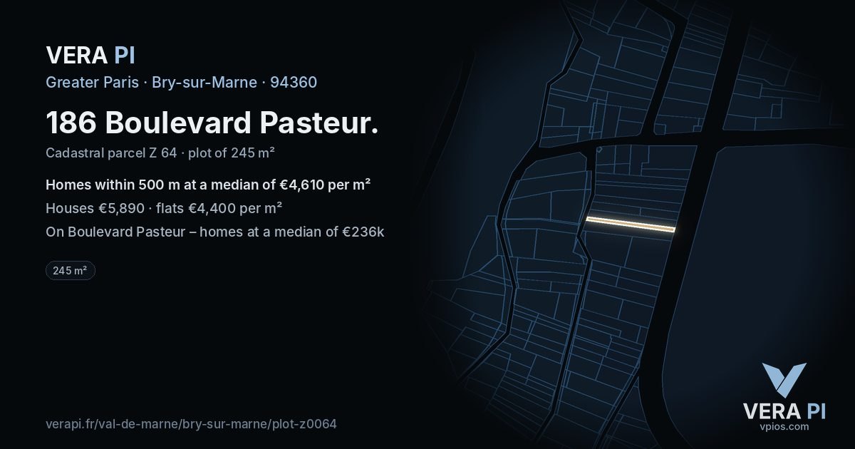 186 Boulevard Pasteur, Bry-sur-Marne at night – the plot lit, the parcels around coloured by the prices near them