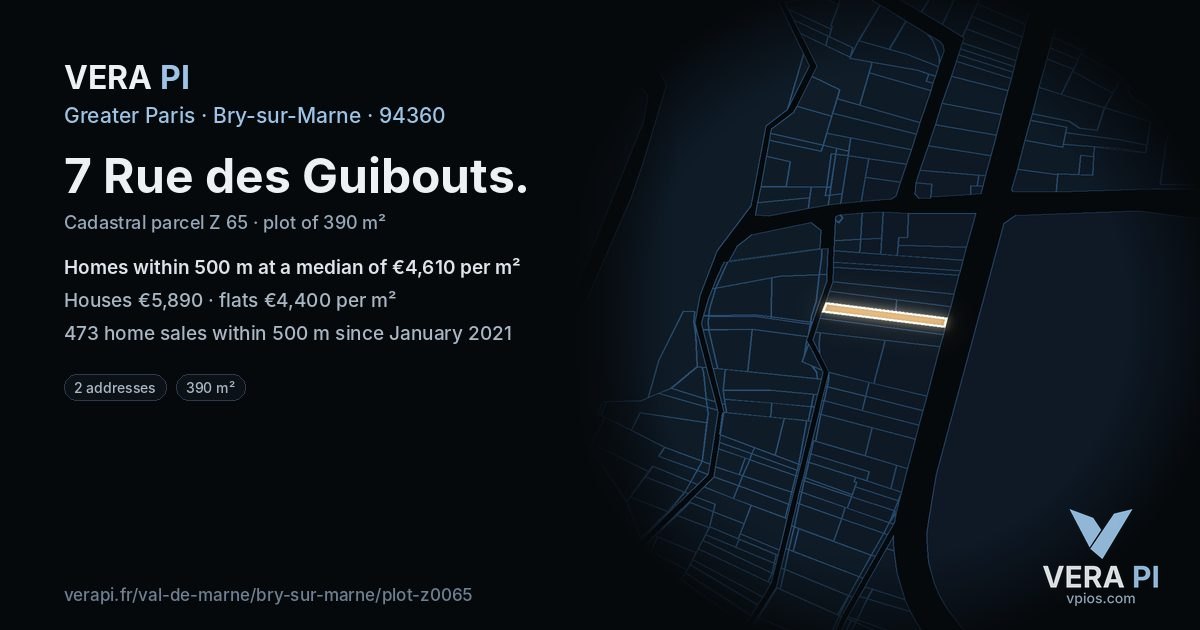 7 Rue des Guibouts, Bry-sur-Marne at night – the plot lit, the parcels around coloured by the prices near them