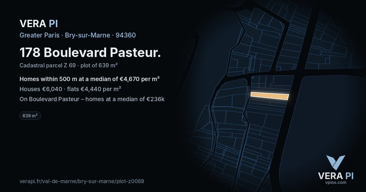 178 Boulevard Pasteur, Bry-sur-Marne at night – the plot lit, the parcels around coloured by the prices near them