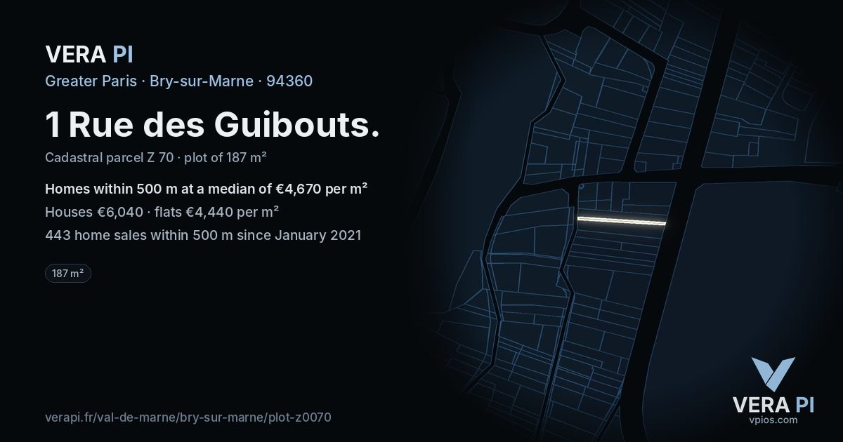 1 Rue des Guibouts, Bry-sur-Marne at night – the plot lit, the parcels around coloured by the prices near them