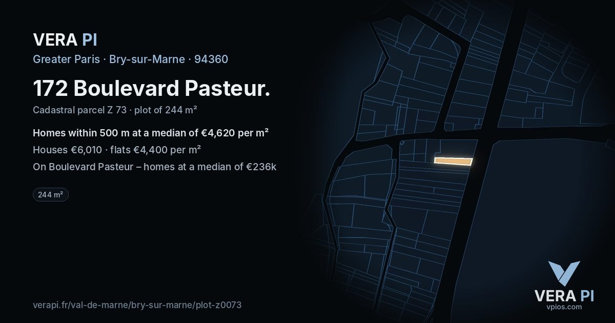 172 Boulevard Pasteur, Bry-sur-Marne at night – the plot lit, the parcels around coloured by the prices near them