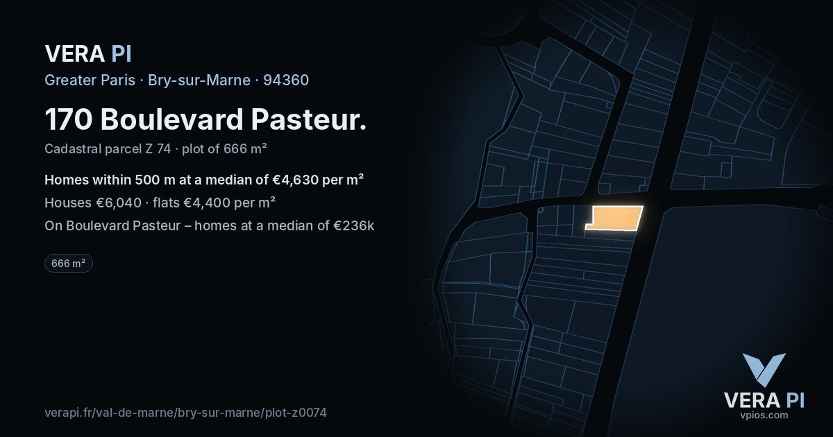 170 Boulevard Pasteur, Bry-sur-Marne at night – the plot lit, the parcels around coloured by the prices near them