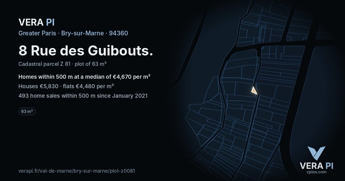 8 Rue des Guibouts, Bry-sur-Marne at night – the plot lit, the parcels around coloured by the prices near them