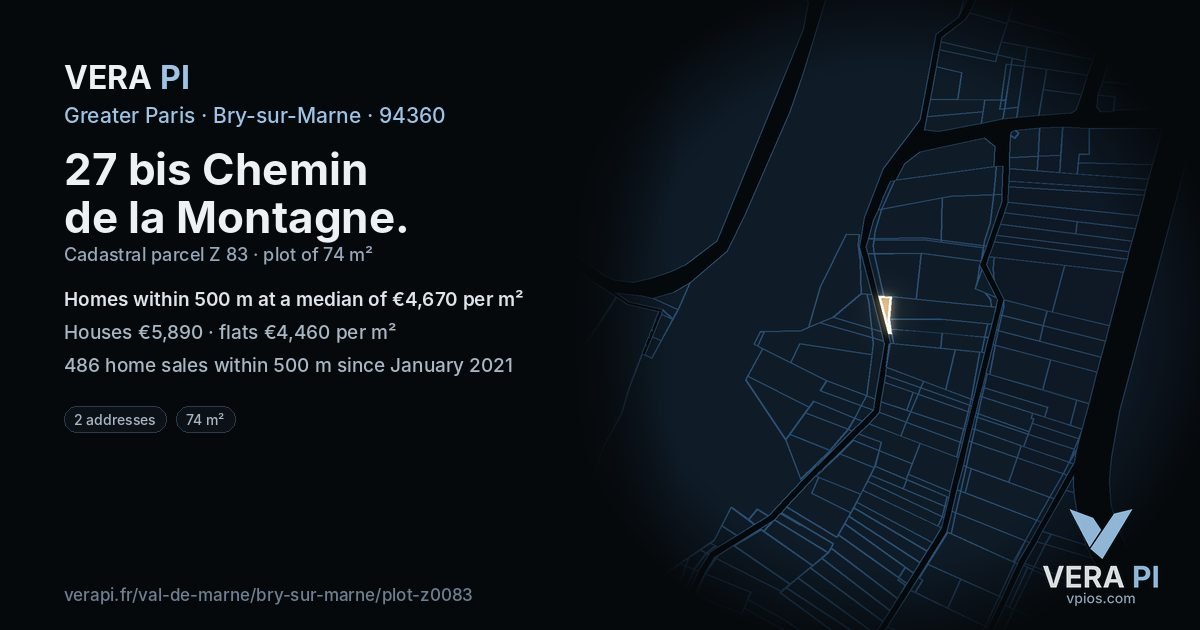 27 bis Chemin de la Montagne, Bry-sur-Marne at night – the plot lit, the parcels around coloured by the prices near them