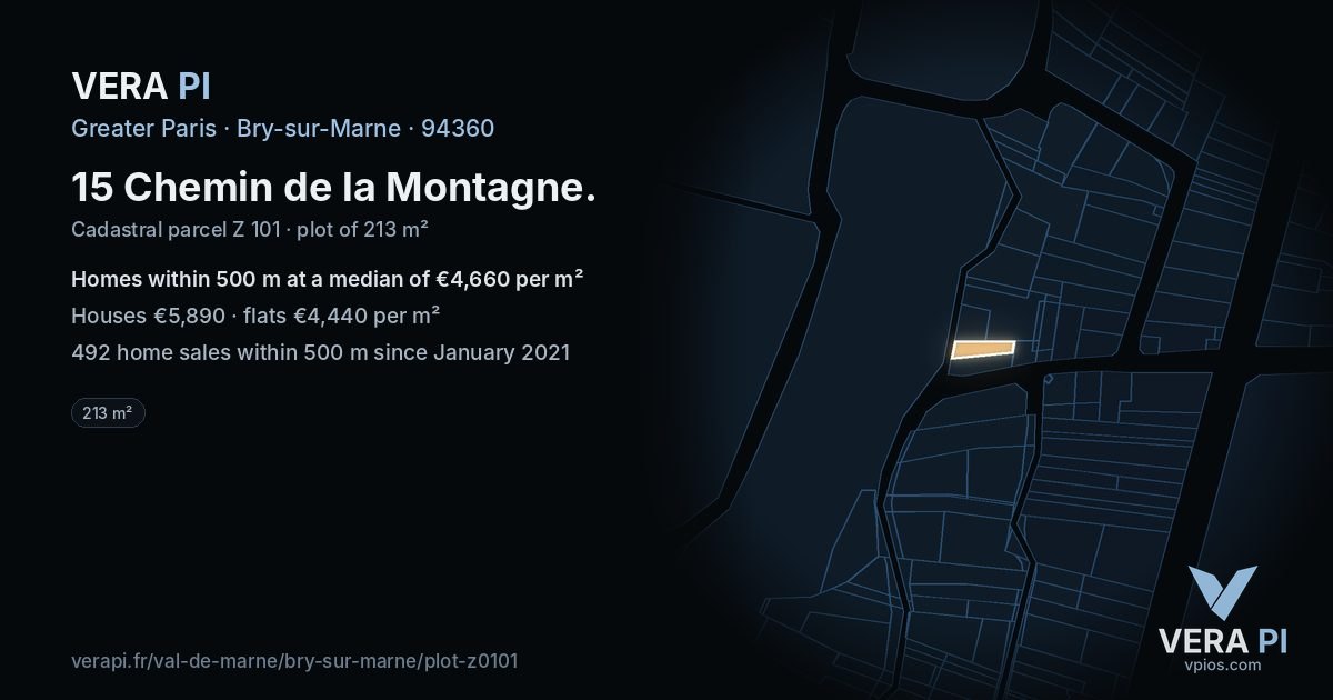 15 Chemin de la Montagne, Bry-sur-Marne at night – the plot lit, the parcels around coloured by the prices near them
