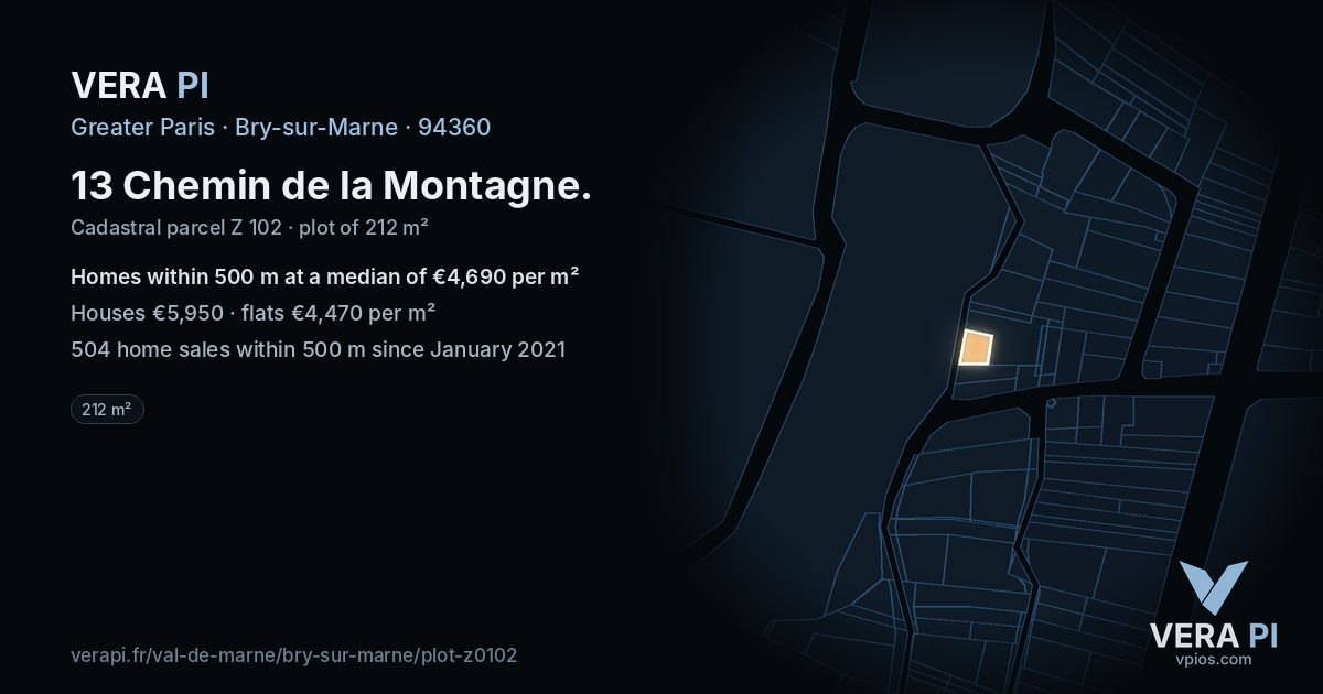 13 Chemin de la Montagne, Bry-sur-Marne at night – the plot lit, the parcels around coloured by the prices near them