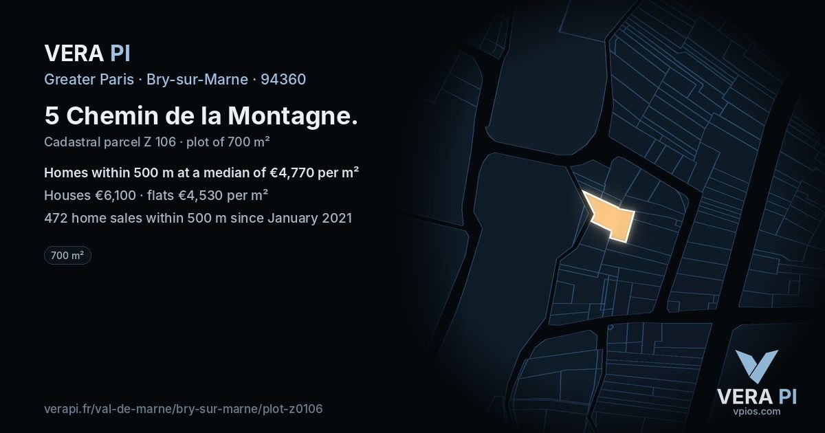 5 Chemin de la Montagne, Bry-sur-Marne at night – the plot lit, the parcels around coloured by the prices near them