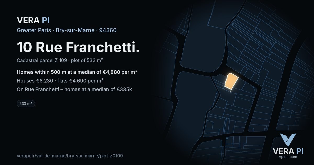 10 Rue Franchetti, Bry-sur-Marne at night – the plot lit, the parcels around coloured by the prices near them