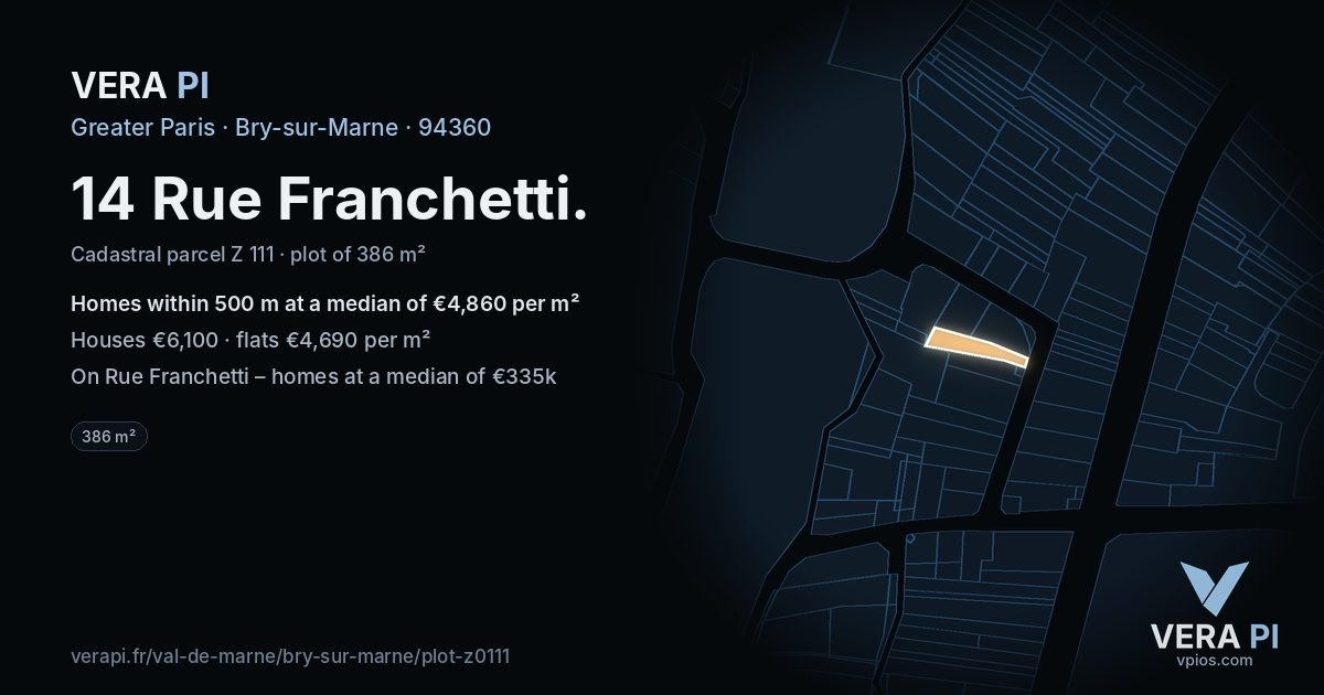 14 Rue Franchetti, Bry-sur-Marne at night – the plot lit, the parcels around coloured by the prices near them