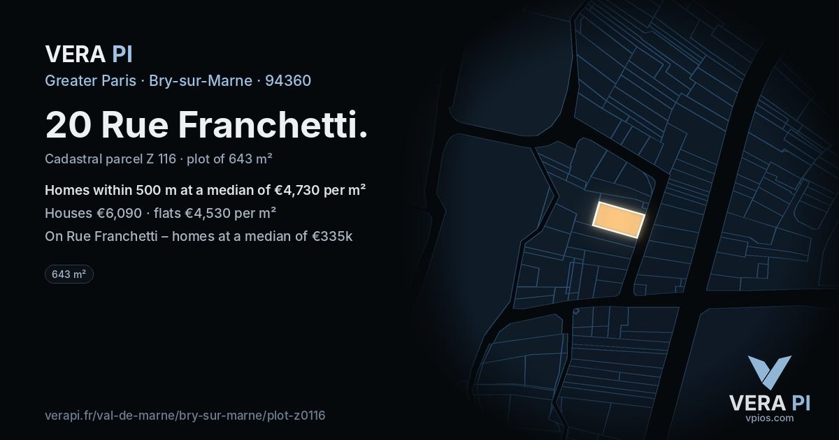 20 Rue Franchetti, Bry-sur-Marne at night – the plot lit, the parcels around coloured by the prices near them