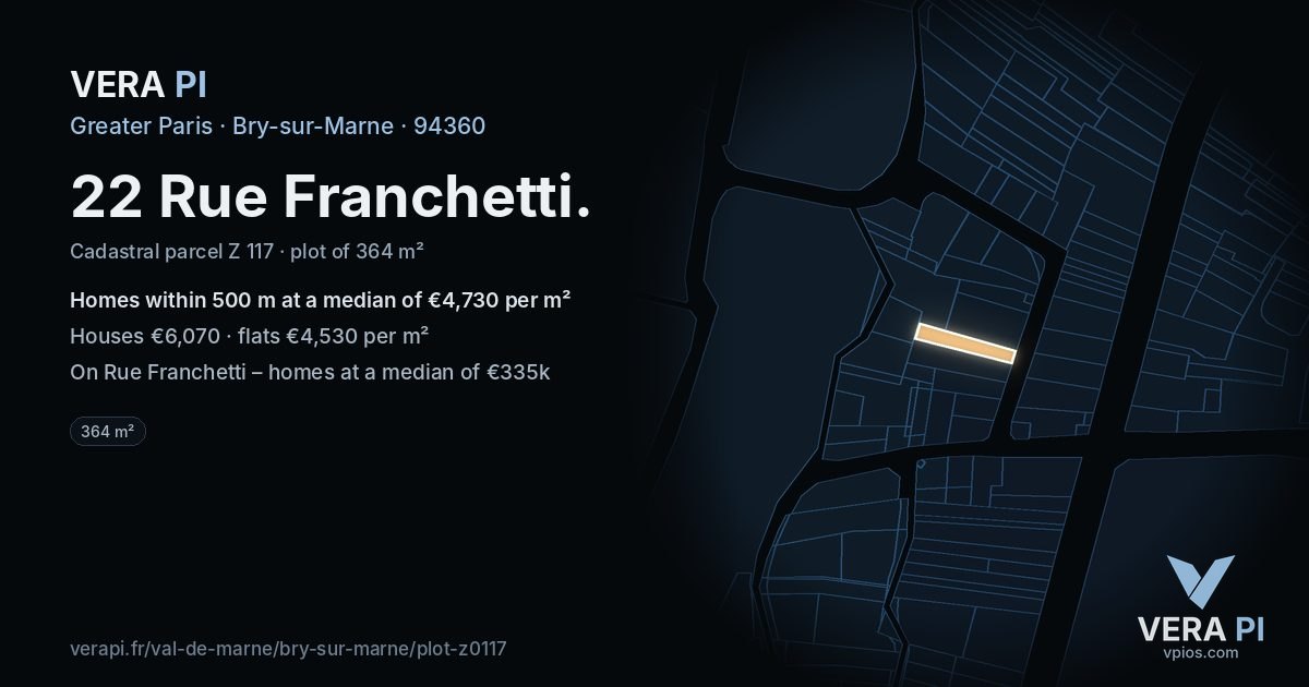 22 Rue Franchetti, Bry-sur-Marne at night – the plot lit, the parcels around coloured by the prices near them