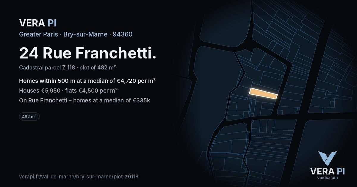 24 Rue Franchetti, Bry-sur-Marne at night – the plot lit, the parcels around coloured by the prices near them