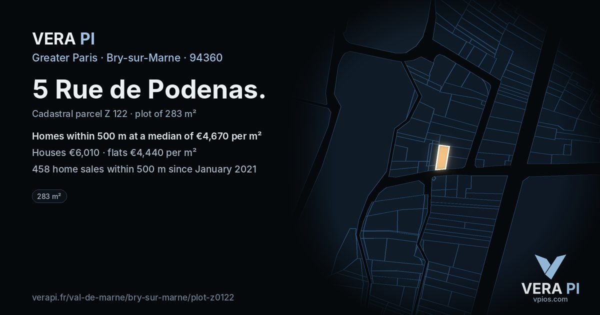 5 Rue de Podenas, Bry-sur-Marne at night – the plot lit, the parcels around coloured by the prices near them