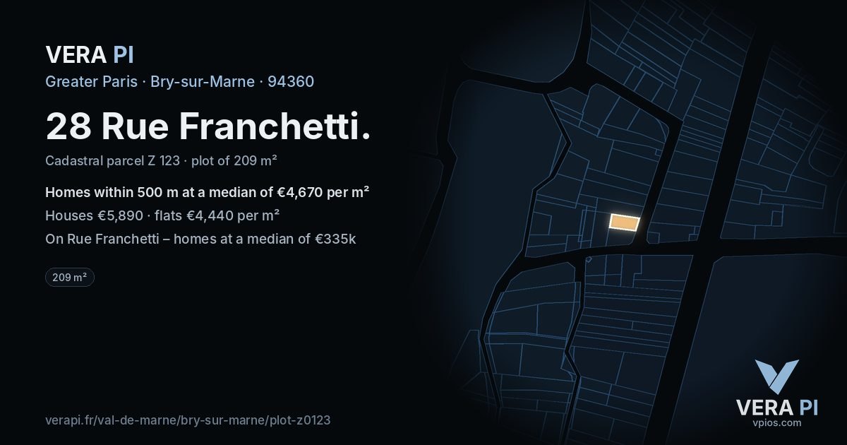 28 Rue Franchetti, Bry-sur-Marne at night – the plot lit, the parcels around coloured by the prices near them
