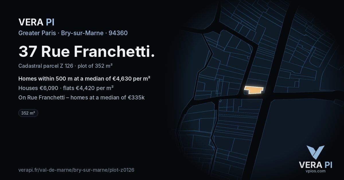 37 Rue Franchetti, Bry-sur-Marne at night – the plot lit, the parcels around coloured by the prices near them
