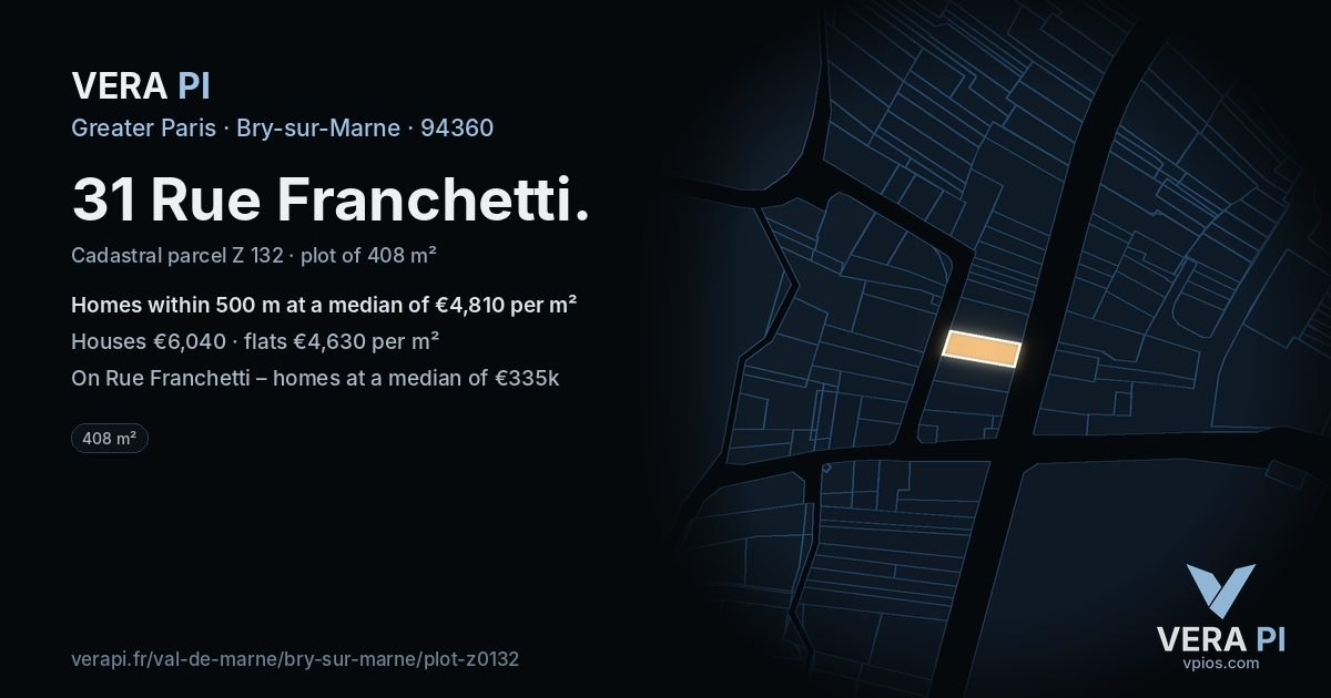 31 Rue Franchetti, Bry-sur-Marne at night – the plot lit, the parcels around coloured by the prices near them