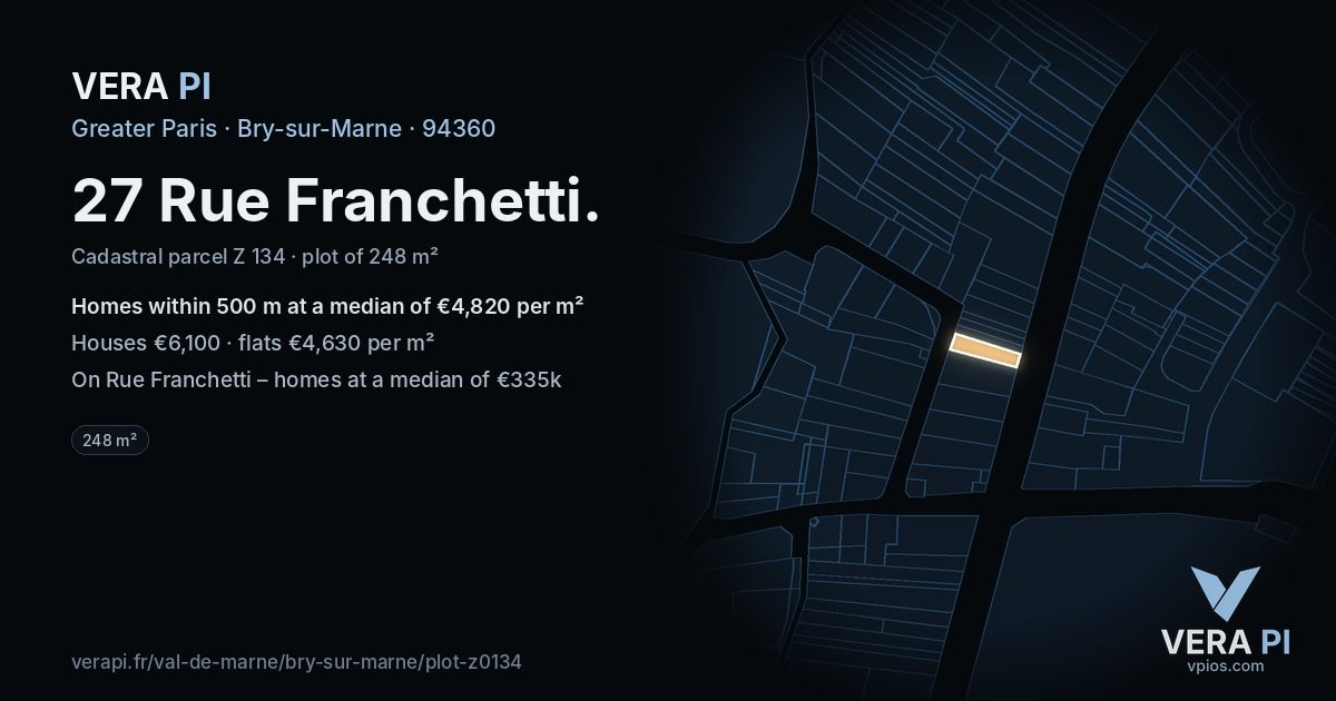 27 Rue Franchetti, Bry-sur-Marne at night – the plot lit, the parcels around coloured by the prices near them