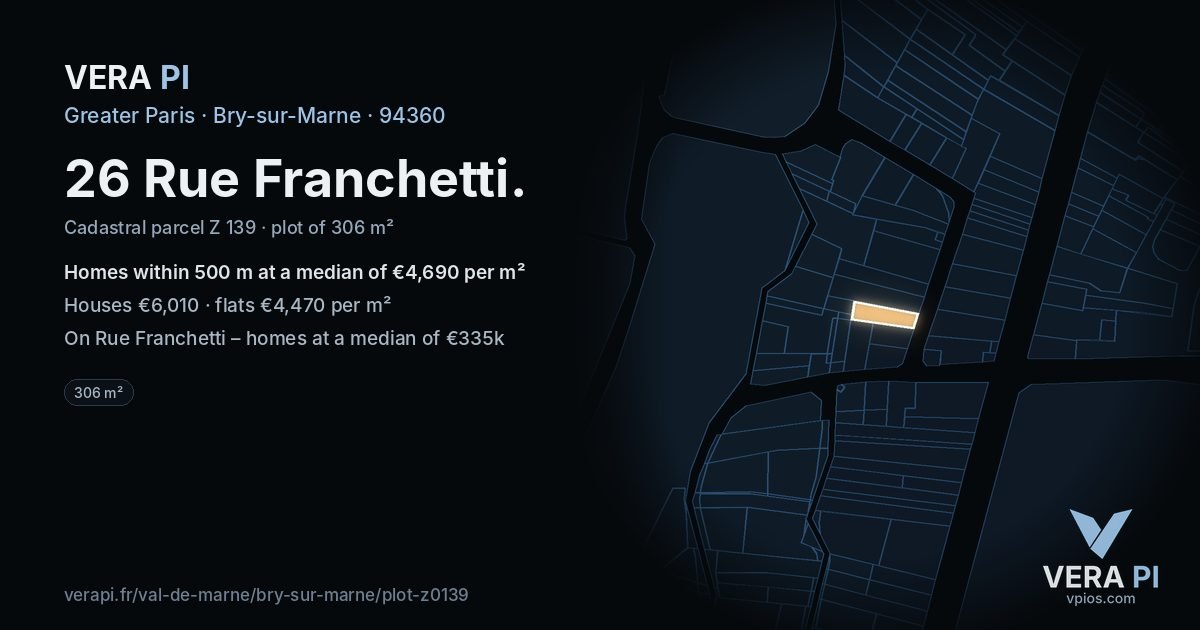 26 Rue Franchetti, Bry-sur-Marne at night – the plot lit, the parcels around coloured by the prices near them