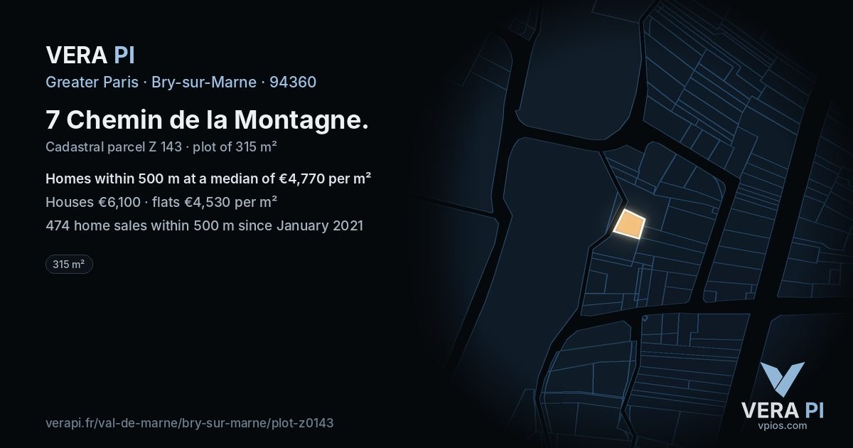7 Chemin de la Montagne, Bry-sur-Marne at night – the plot lit, the parcels around coloured by the prices near them