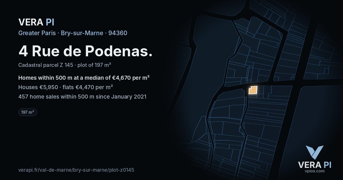 4 Rue de Podenas, Bry-sur-Marne at night – the plot lit, the parcels around coloured by the prices near them