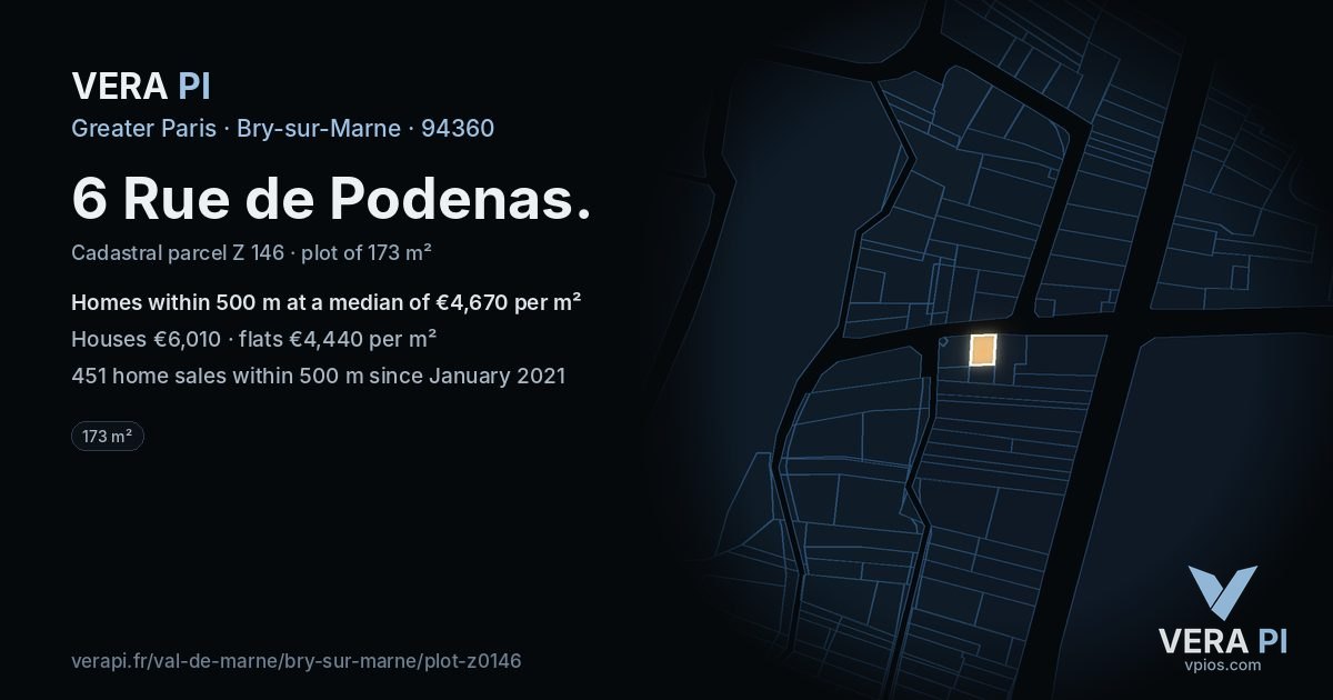 6 Rue de Podenas, Bry-sur-Marne at night – the plot lit, the parcels around coloured by the prices near them