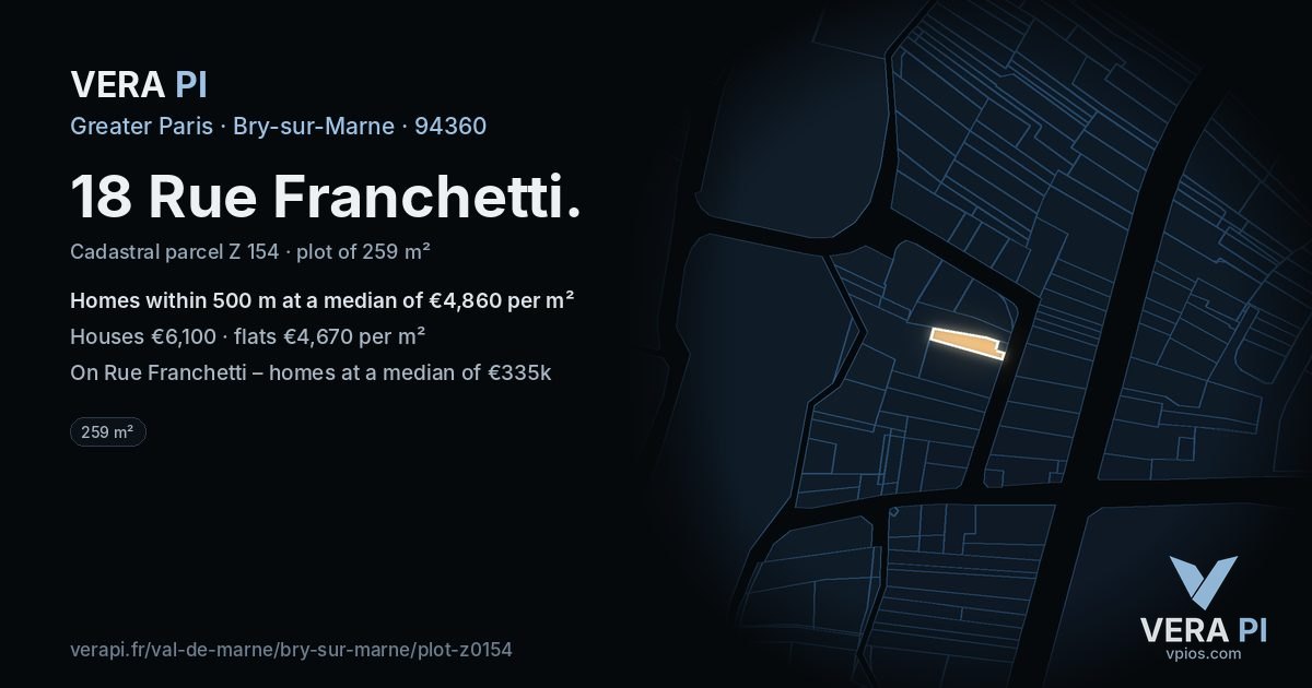 18 Rue Franchetti, Bry-sur-Marne at night – the plot lit, the parcels around coloured by the prices near them