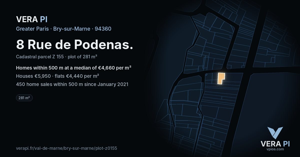 8 Rue de Podenas, Bry-sur-Marne at night – the plot lit, the parcels around coloured by the prices near them