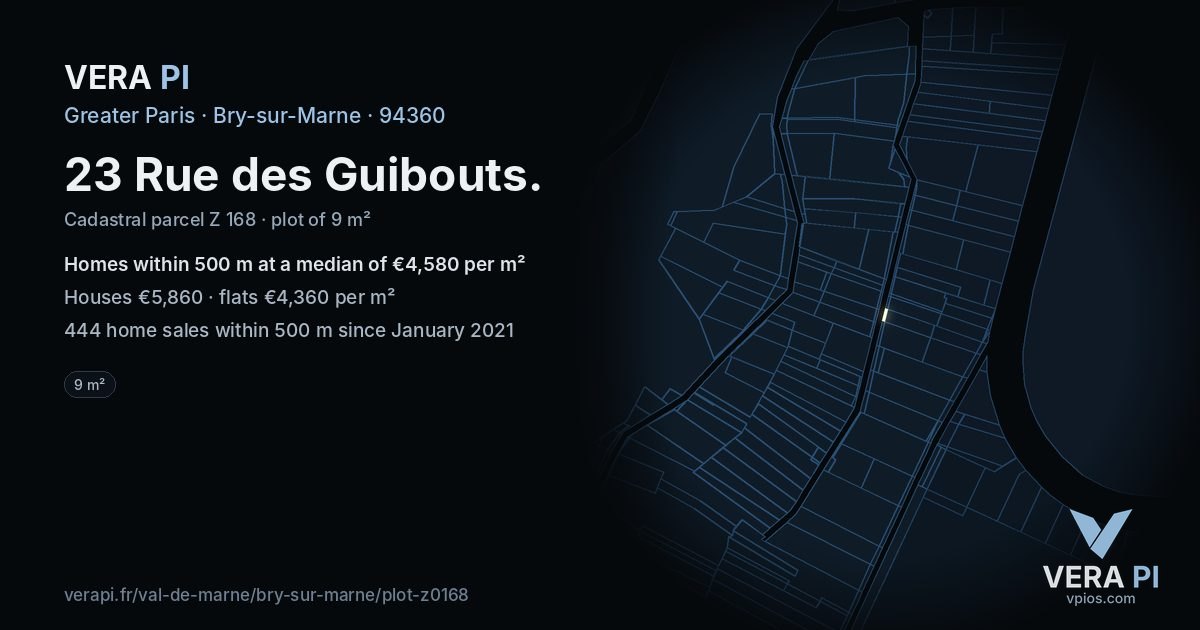 23 Rue des Guibouts, Bry-sur-Marne at night – the plot lit, the parcels around coloured by the prices near them