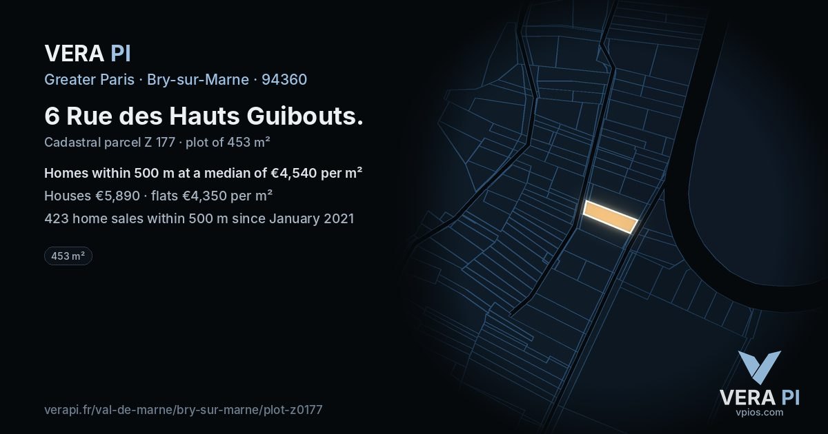 6 Rue des Hauts Guibouts, Bry-sur-Marne at night – the plot lit, the parcels around coloured by the prices near them