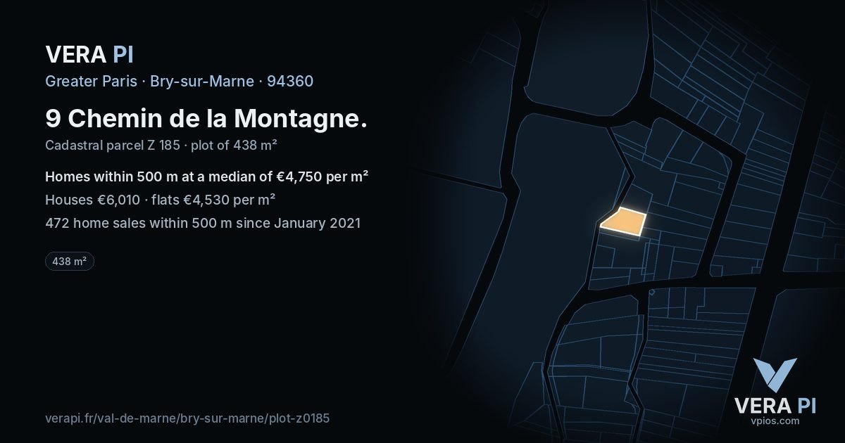 9 Chemin de la Montagne, Bry-sur-Marne at night – the plot lit, the parcels around coloured by the prices near them