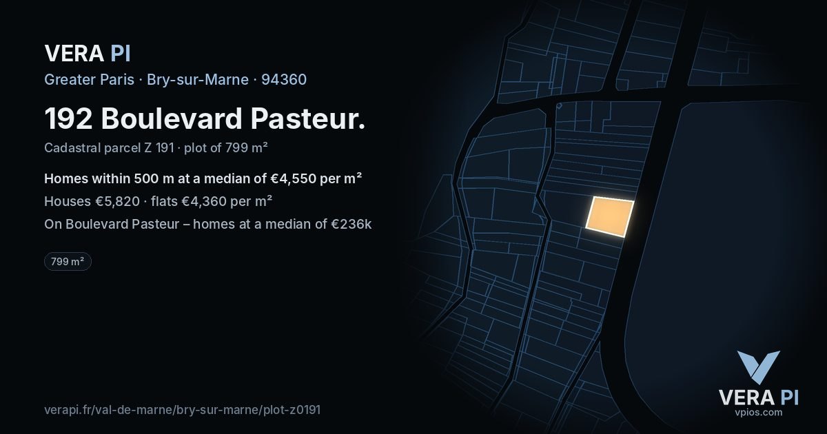 192 Boulevard Pasteur, Bry-sur-Marne at night – the plot lit, the parcels around coloured by the prices near them