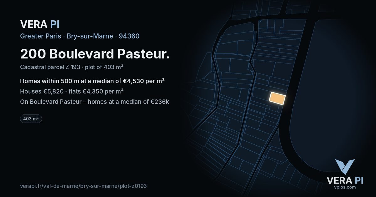 200 Boulevard Pasteur, Bry-sur-Marne at night – the plot lit, the parcels around coloured by the prices near them