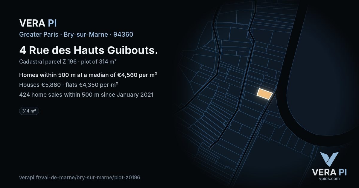 4 Rue des Hauts Guibouts, Bry-sur-Marne at night – the plot lit, the parcels around coloured by the prices near them