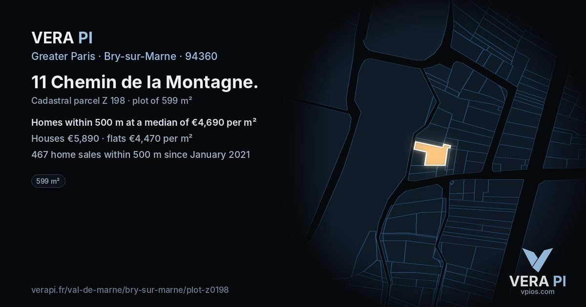 11 Chemin de la Montagne, Bry-sur-Marne at night – the plot lit, the parcels around coloured by the prices near them