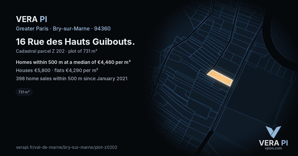 16 Rue des Hauts Guibouts, Bry-sur-Marne at night – the plot lit, the parcels around coloured by the prices near them
