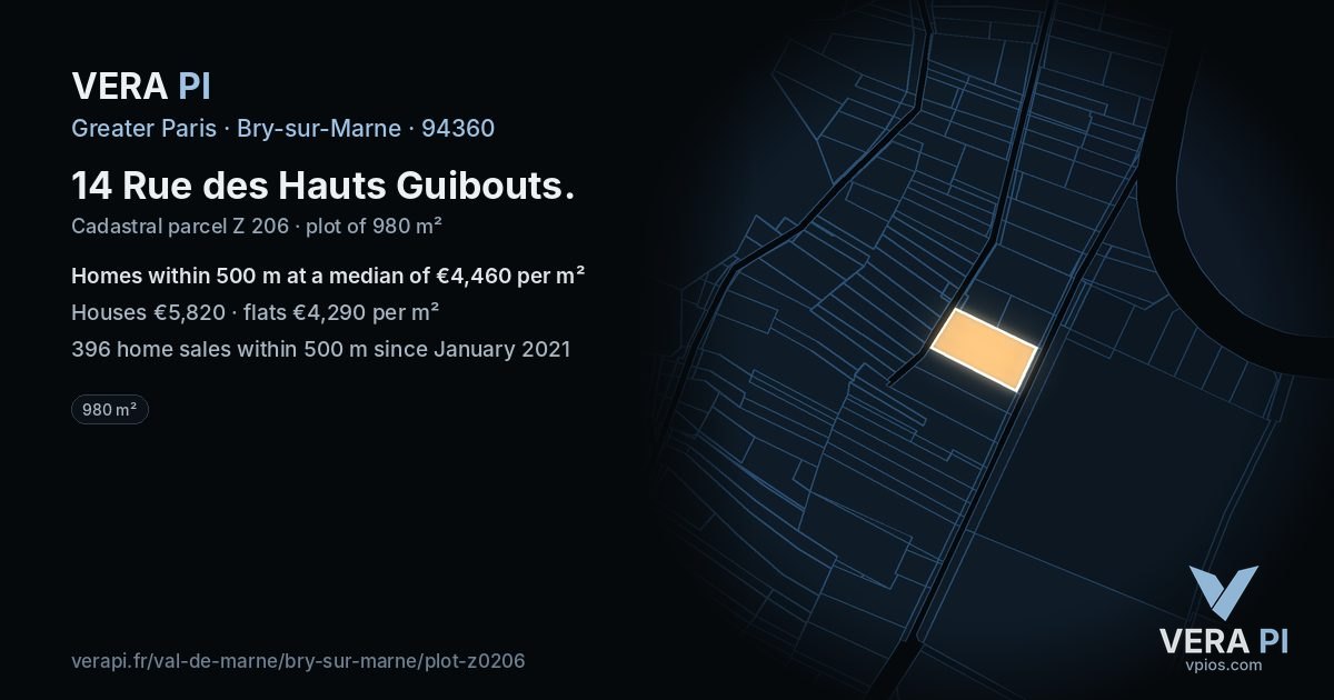 14 Rue des Hauts Guibouts, Bry-sur-Marne at night – the plot lit, the parcels around coloured by the prices near them