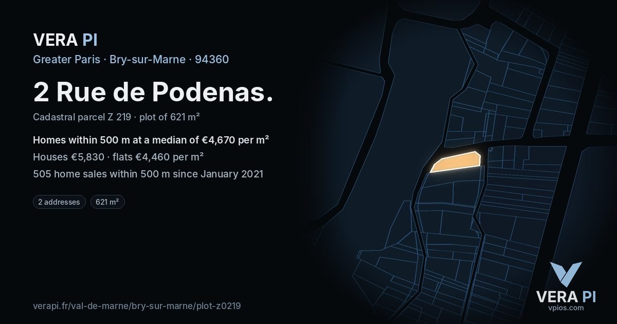 2 Rue de Podenas, Bry-sur-Marne at night – the plot lit, the parcels around coloured by the prices near them