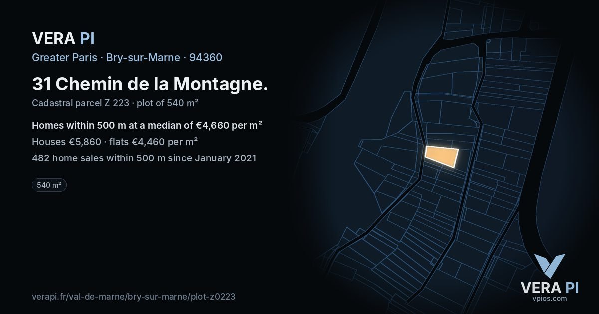 31 Chemin de la Montagne, Bry-sur-Marne at night – the plot lit, the parcels around coloured by the prices near them
