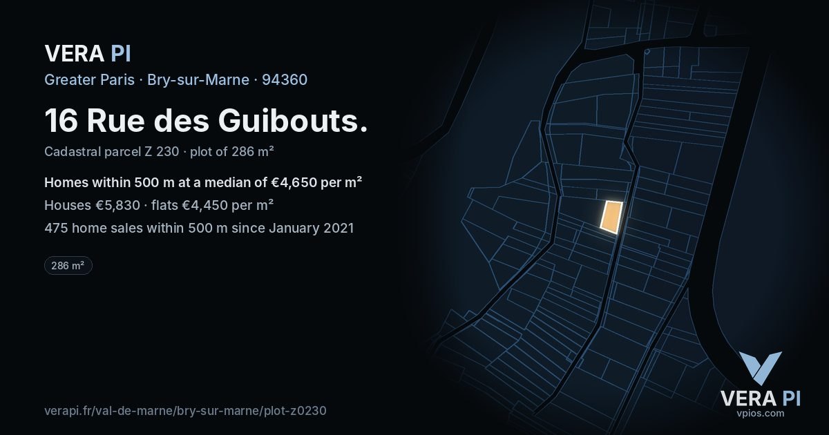 16 Rue des Guibouts, Bry-sur-Marne at night – the plot lit, the parcels around coloured by the prices near them