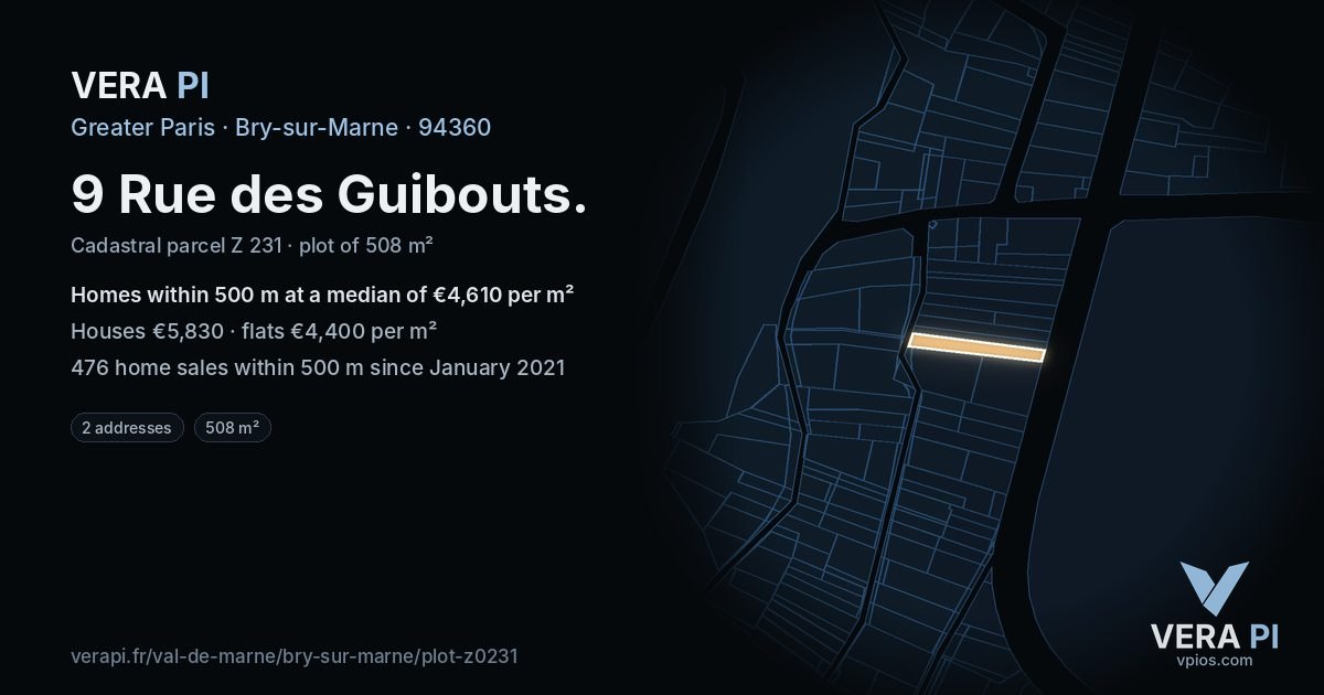 9 Rue des Guibouts, Bry-sur-Marne at night – the plot lit, the parcels around coloured by the prices near them