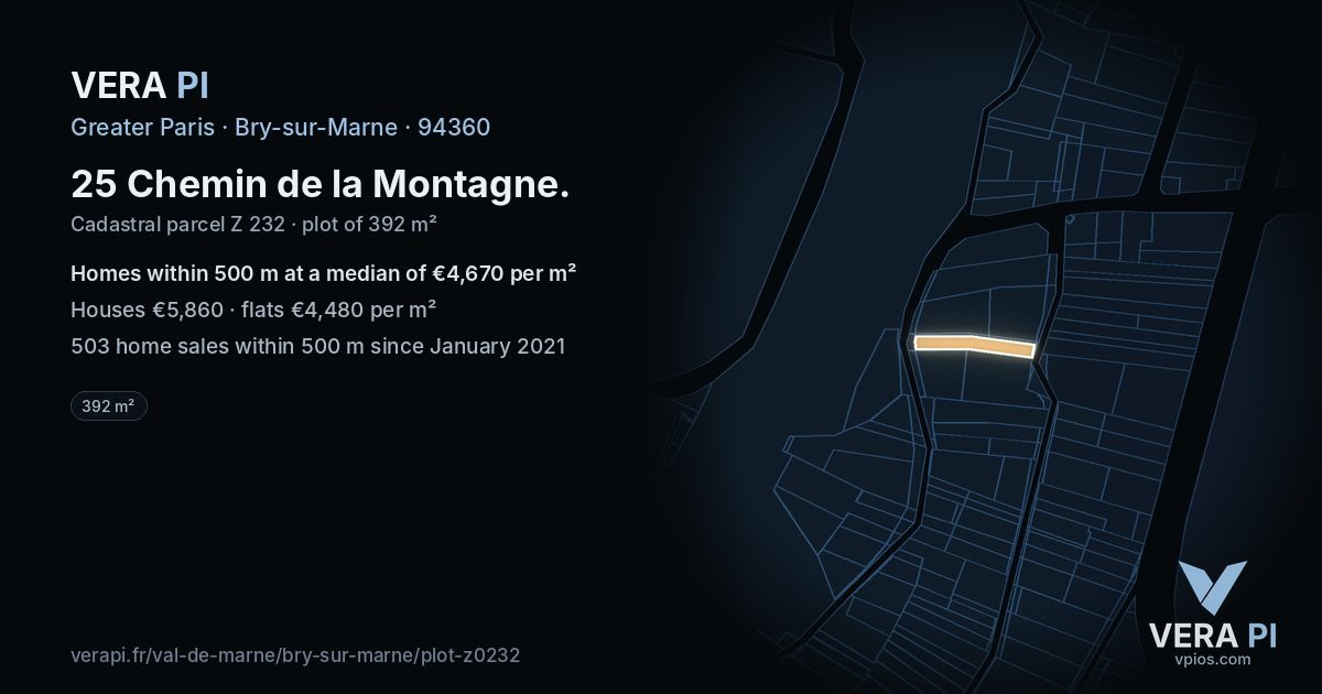 25 Chemin de la Montagne, Bry-sur-Marne at night – the plot lit, the parcels around coloured by the prices near them