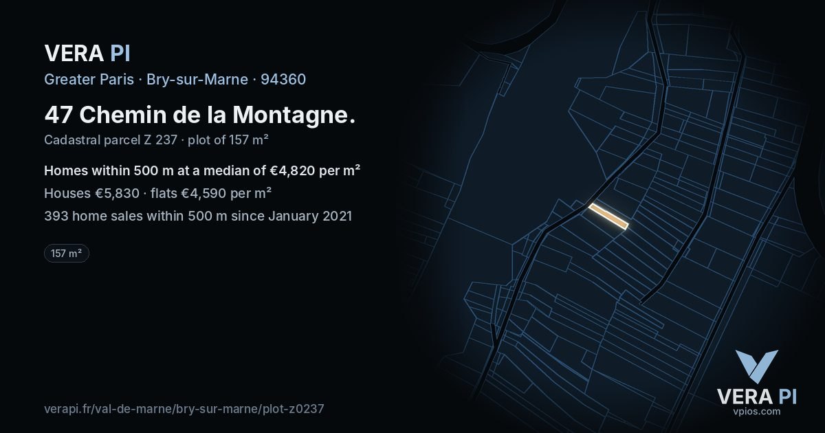 47 Chemin de la Montagne, Bry-sur-Marne at night – the plot lit, the parcels around coloured by the prices near them