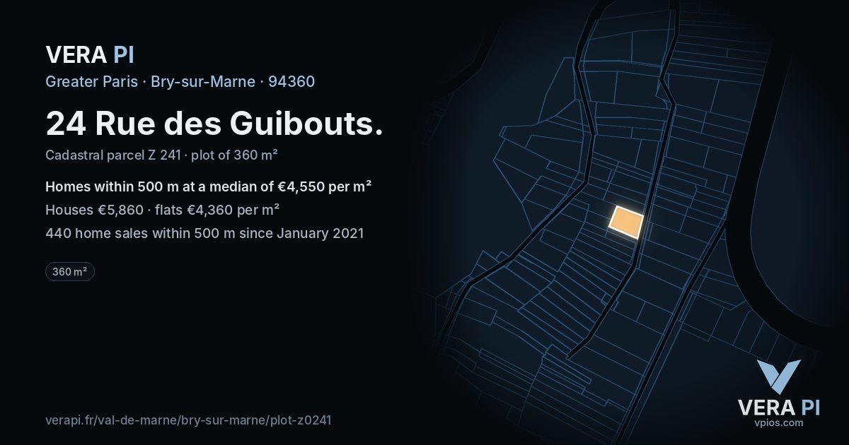 24 Rue des Guibouts, Bry-sur-Marne at night – the plot lit, the parcels around coloured by the prices near them