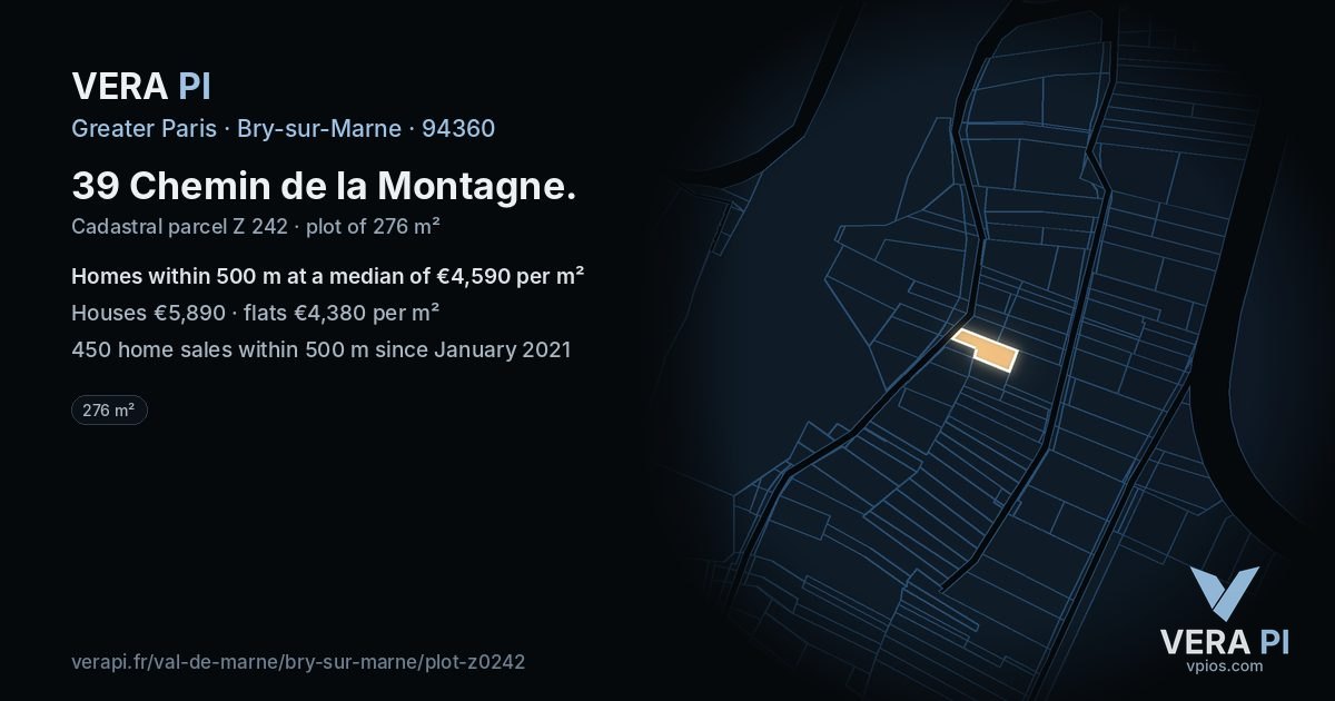 39 Chemin de la Montagne, Bry-sur-Marne at night – the plot lit, the parcels around coloured by the prices near them