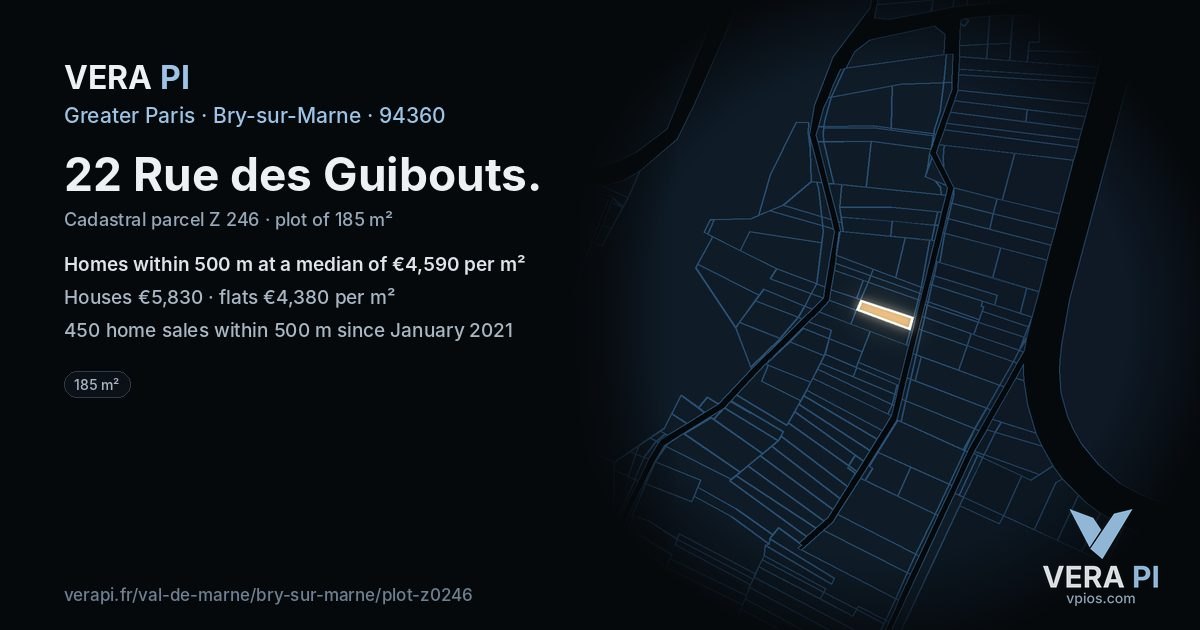 22 Rue des Guibouts, Bry-sur-Marne at night – the plot lit, the parcels around coloured by the prices near them